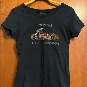 Harley-Davidson Black Baby Tee with Sequin Motorcycle Design